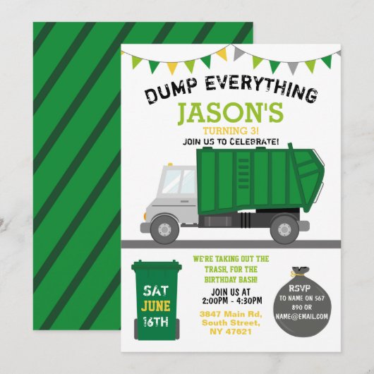 Dump Alles Fun Rubbish Truck Birthday Invitat Kaart (Voorkant / Achterkant)
