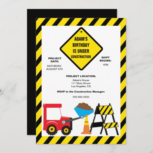Dump Construction Birthday Party Invite Kaart (Voorkant / Achterkant)
