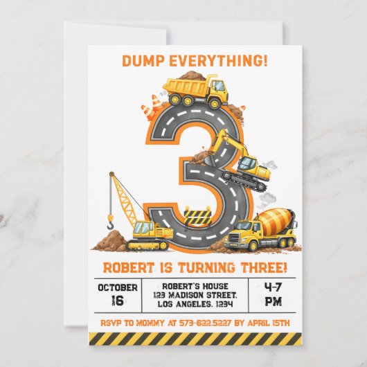 Dump Everything Bouwtruck 3e Verjaardag Kaart (Voorkant)