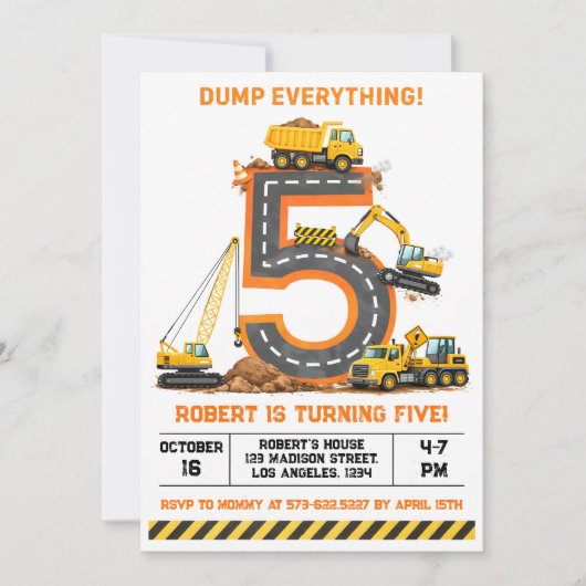Dump Everything Bouwtruck 5e Verjaardag Kaart (Voorkant)