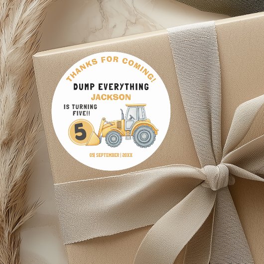 "DUMP EVERYTHING! Construction Birthday 5 Ronde Sticker