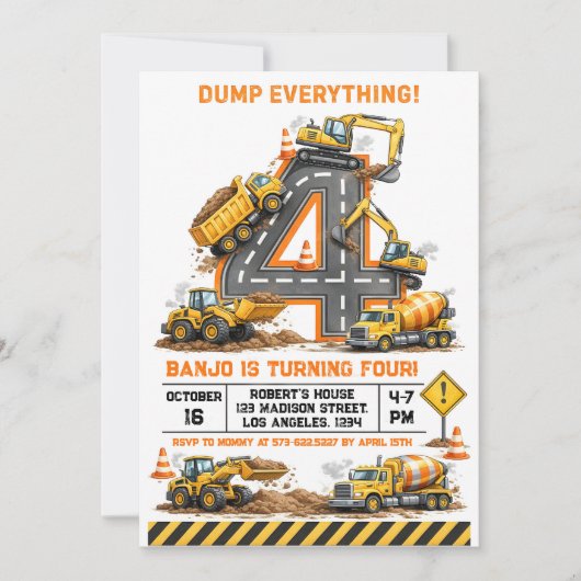 Dump Everything Construction Truck 4th Birthday Kaart (Voorkant)