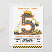 Dump Everything Construction Truck 5th Birthday Kaart (Voorkant)