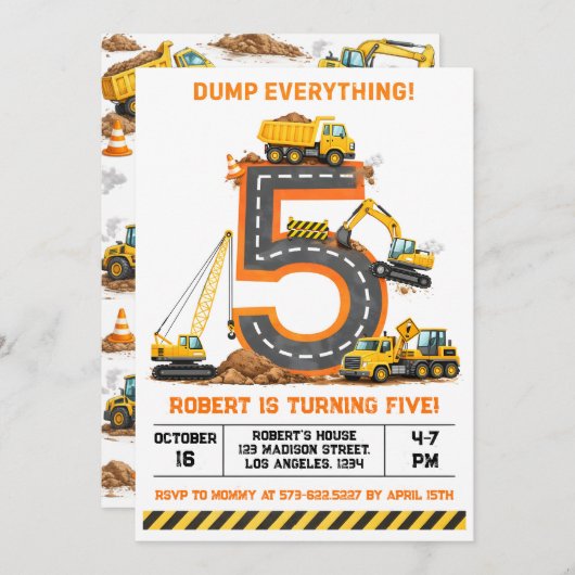 Dump Everything Construction Truck 5th Birthday Kaart (Voorkant / Achterkant)