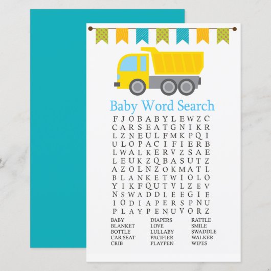 Dump truck Baby shower Word Search Game (Voorkant / Achterkant)