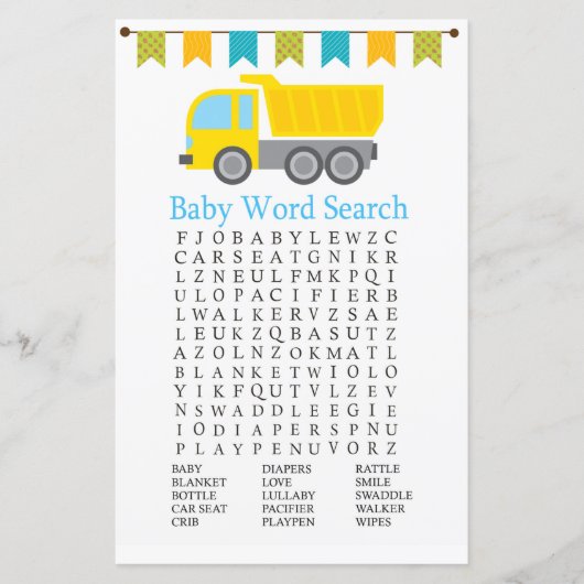 Dump truck Baby shower Word Search Game (Voorkant)