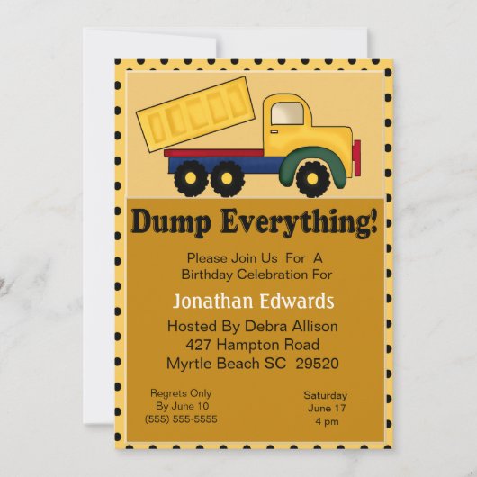 Dump Truck Birthday Invitation Kaart (Voorkant)