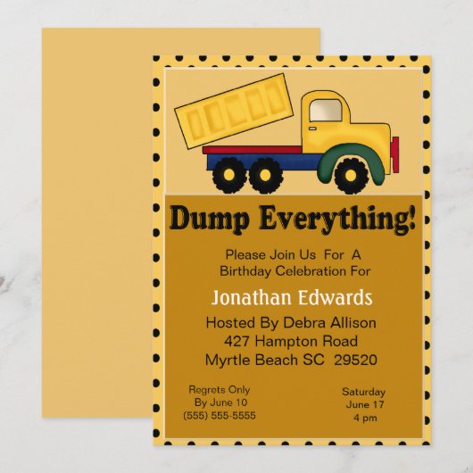 Dump Truck Birthday Invitation Kaart (Voorkant / Achterkant)