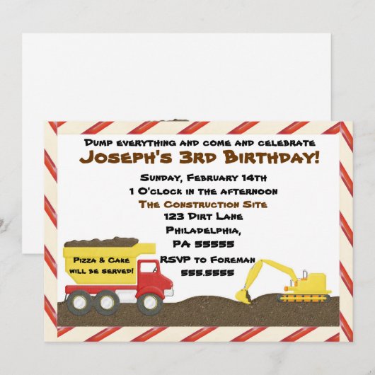 Dump Truck Birthday Invitation Kaart (Voorkant / Achterkant)