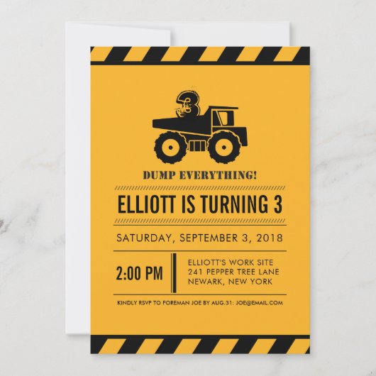 Dump Truck Birthday Party nodigt uit Kaart (Voorkant)