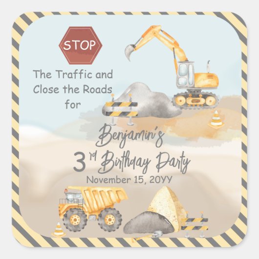 Dump Truck Boy 3rd Birthday Party Vierkante Sticker (Voorkant)