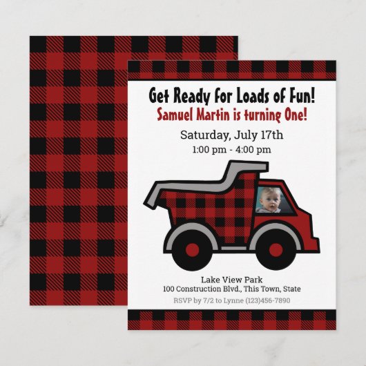 Dump truck Buffalo Plaid Bouw Verjaardag Kaart (Voorkant / Achterkant)