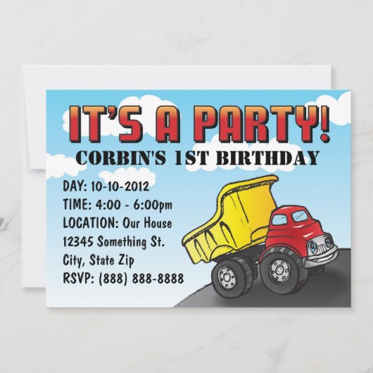 Dump Truck Child's Birthday Invitation Kaart (Voorkant)