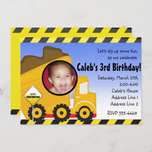 Dump truck constructie foto party uitnodiging (Voorkant / Achterkant)