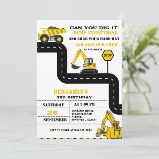 Dump truck constructie thema verjaardag kaart (Staand voorkant)