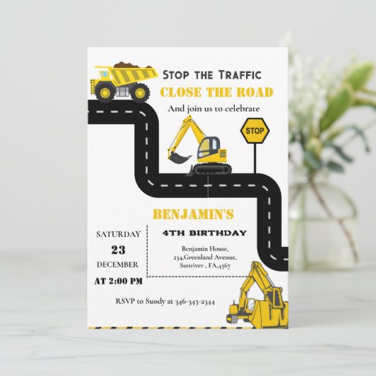 Dump truck constructie thema verjaardag kaart (Staand voorkant)