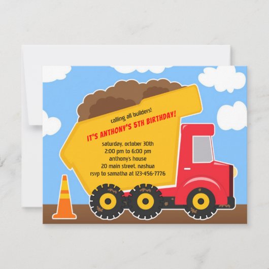 Dump Truck Constructies Verjaardag Uitnodiging (Voorkant)