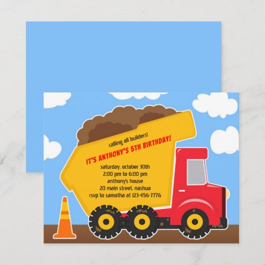 Dump Truck Constructies Verjaardag Uitnodiging (Voorkant / Achterkant)