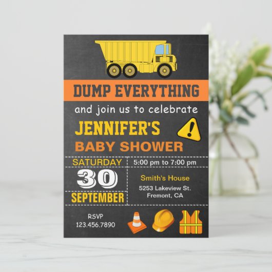 Dump Truck Construction Baby shower Kaart (Staand voorkant)