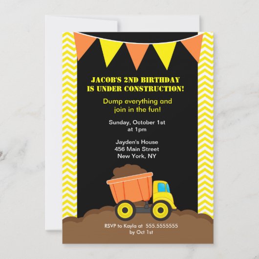 Dump Truck Construction Birthday Invitations Kaart (Voorkant)