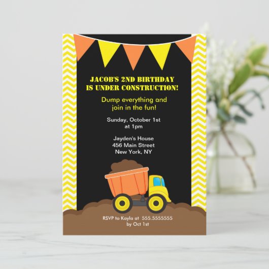 Dump Truck Construction Birthday Invitations Kaart (Staand voorkant)