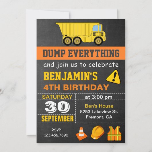 Dump Truck Construction Birthday Party Invitation Kaart (Voorkant)