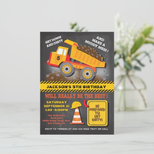 Dump Truck Construction Birthday Party Kaart (Staand voorkant)