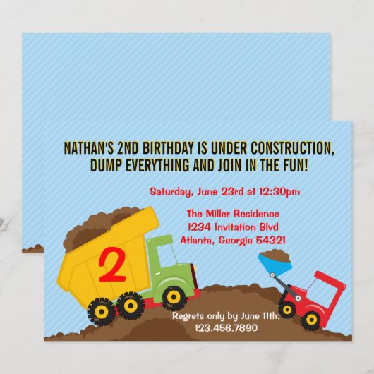 Dump Truck Construction Boy Birthday Party Kaart (Voorkant / Achterkant)