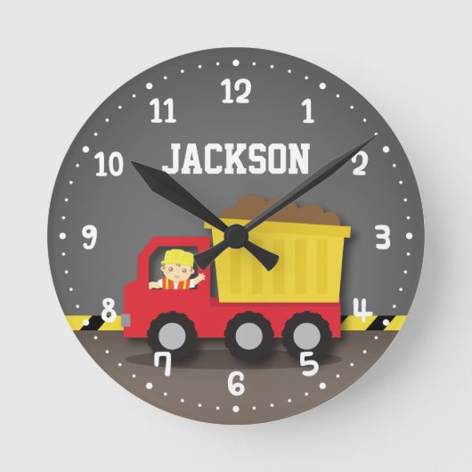 Dump Truck Construction Builder Boys Room Decline Ronde Klok (Voorkant)