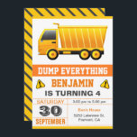 Dump Truck Construction Kids Birthday Party Kaart<br><div class="desc">Maak je gasten geweldig met dit coole bouwthema verjaardagsfeestje en uitnodig een gele vuilniswagen met moderne typografie tegen een witte achtergrond. Voeg eenvoudig uw gebeurtenisdetails op deze makkelijk te gebruiken sjabloon toe om het één-van-een-soort uitnodiging te maken. Knip de kaart om een levendig geel en zwart streekpatroon op de achterkant...</div>