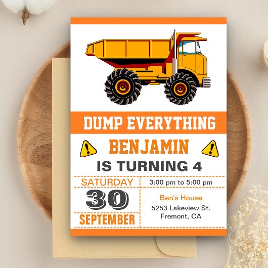 Dump Truck Construction Kids Birthday Party Kaart