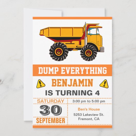 Dump Truck Construction Kids Birthday Party Kaart (Voorkant)