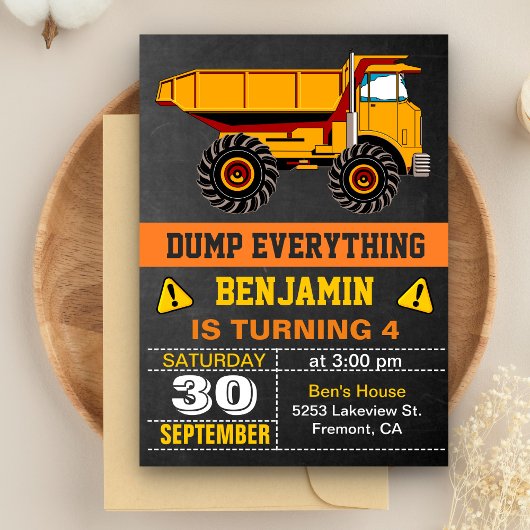 Dump Truck Construction Kids Birthday Party nodigt Kaart
