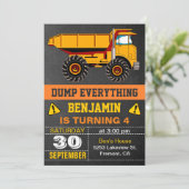 Dump Truck Construction Kids Birthday Party nodigt Kaart (Staand voorkant)