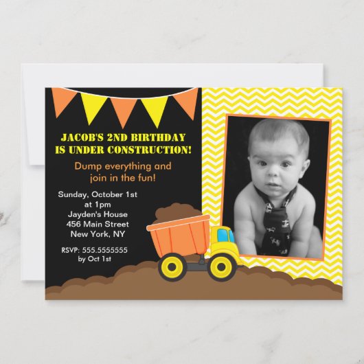 Dump Truck Construction Photo Birthday Invitations Kaart (Voorkant)