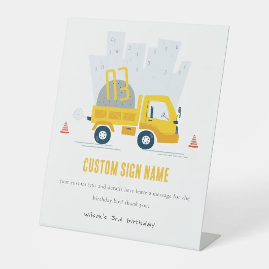 Dump Truck Construction Vehicle Birthday Party Reclamebord Met Voetstuk (Voorkant)