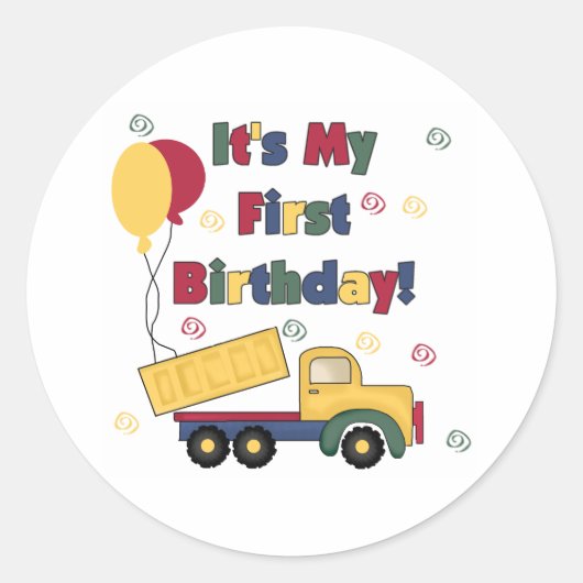 Dump Truck Eerste Verjaardag Ronde Sticker (Voorkant)