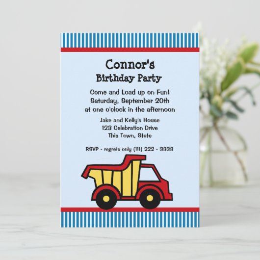 Dump Truck en Pin Stripe verjaardagsfeestje Kaart (Staand voorkant)
