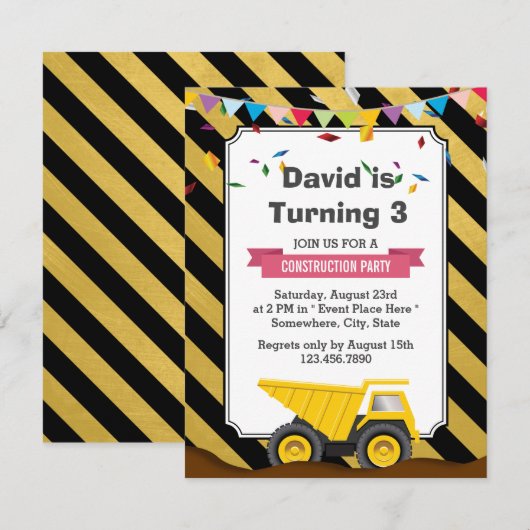 Dump Truck In Bouw Verjaardagsfeest Kaart (Voorkant / Achterkant)