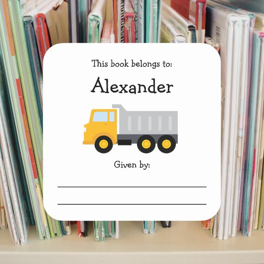 Dump Truck kinderboekenplaat met bericht Vierkante Sticker