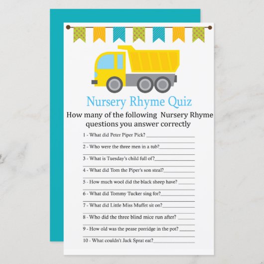 Dump truck Nursery Rhyme Quiz baby shower game (Voorkant / Achterkant)