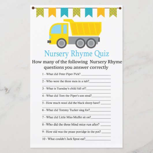 Dump truck Nursery Rhyme Quiz baby shower game (Voorkant)