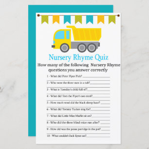 Dump truck Nursery Rhyme Quiz baby shower game