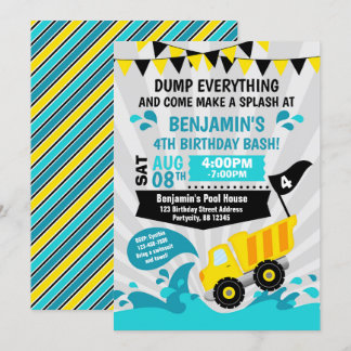 Dump Truck Pool Summer Construction Birthday Kaart