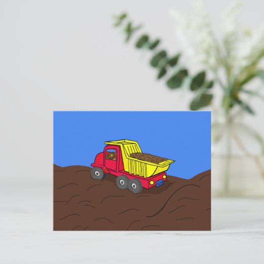 Dump Truck Red en Yellow Cartoon Art Briefkaart (Staand voorkant)