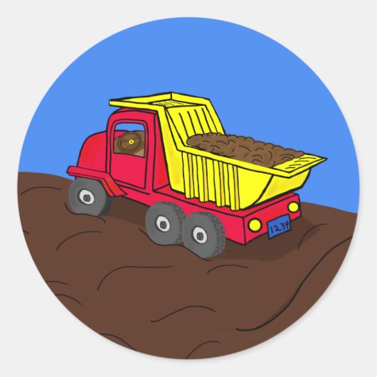 Dump Truck Red en Yellow Cartoon Art Ronde Sticker (Voorkant)