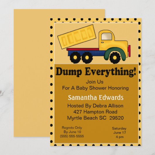 Dump Truck Thema Baby shower Uitnodiging (Voorkant / Achterkant)