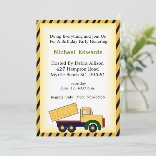 Dump Truck Theme Birthday Party Invitation Kaart (Staand voorkant)