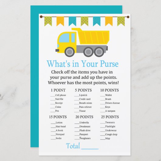 Dump truck Wat zit er in je baby shower? (Voorkant / Achterkant)