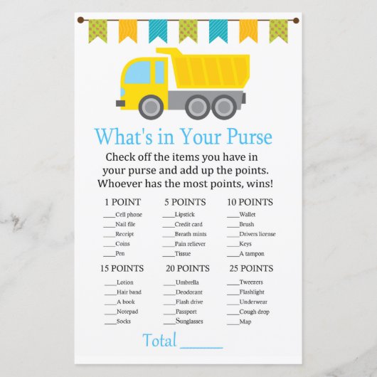 Dump truck Wat zit er in je baby shower? (Voorkant)